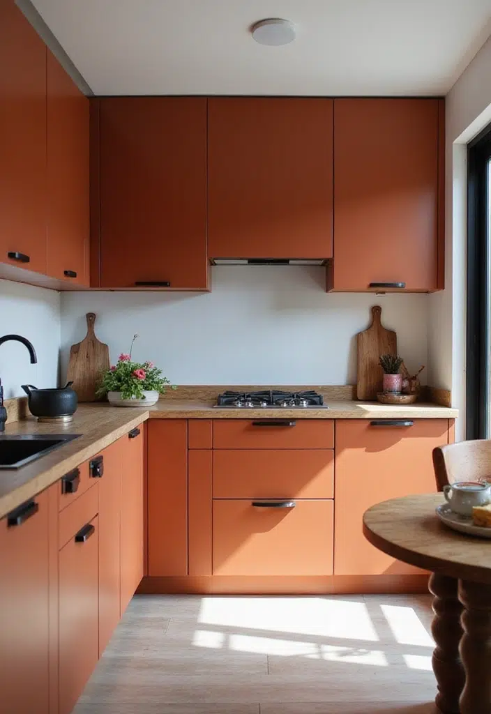 Teplé terakotové skříňky, dřevěná pracovní deska a elegantní akcenty: 25 nadčasových kuchyní