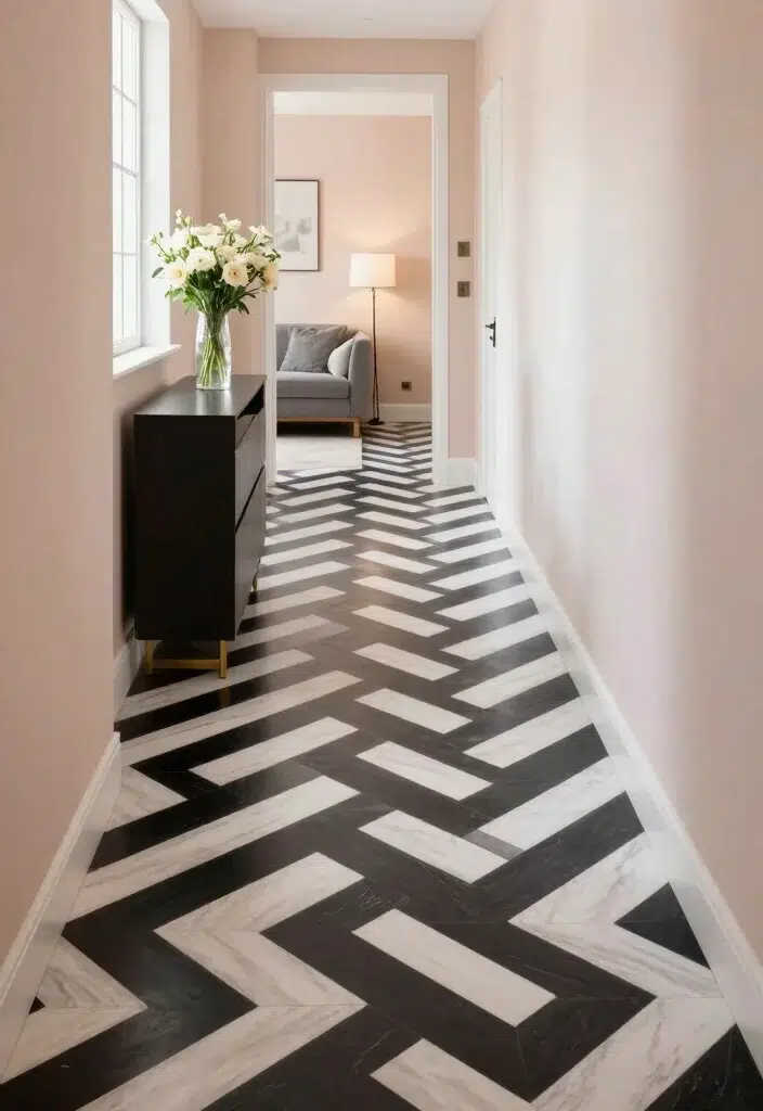 15 černobílých moderních podlahových designů s geometrickými opakujícími se vzory