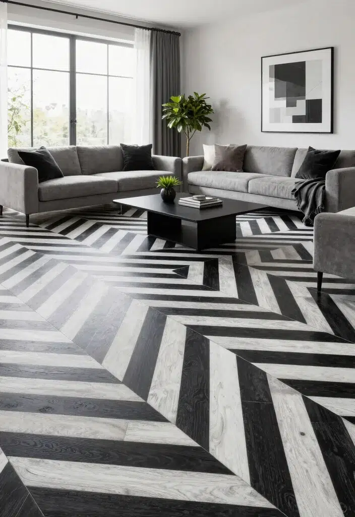 15 černobílých moderních podlahových designů s geometrickými opakujícími se vzory