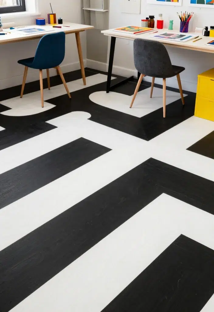 15 černobílých moderních podlahových designů s geometrickými opakujícími se vzory