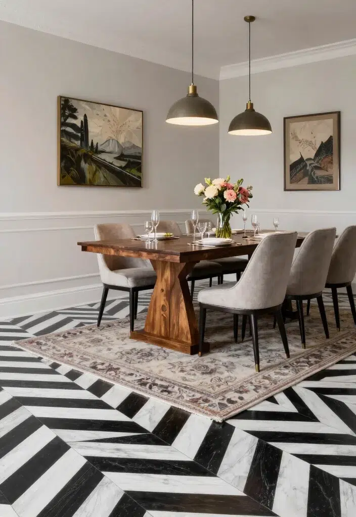 15 černobílých moderních podlahových designů s geometrickými opakujícími se vzory