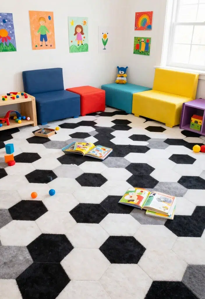 15 černobílých moderních podlahových designů s geometrickými opakujícími se vzory