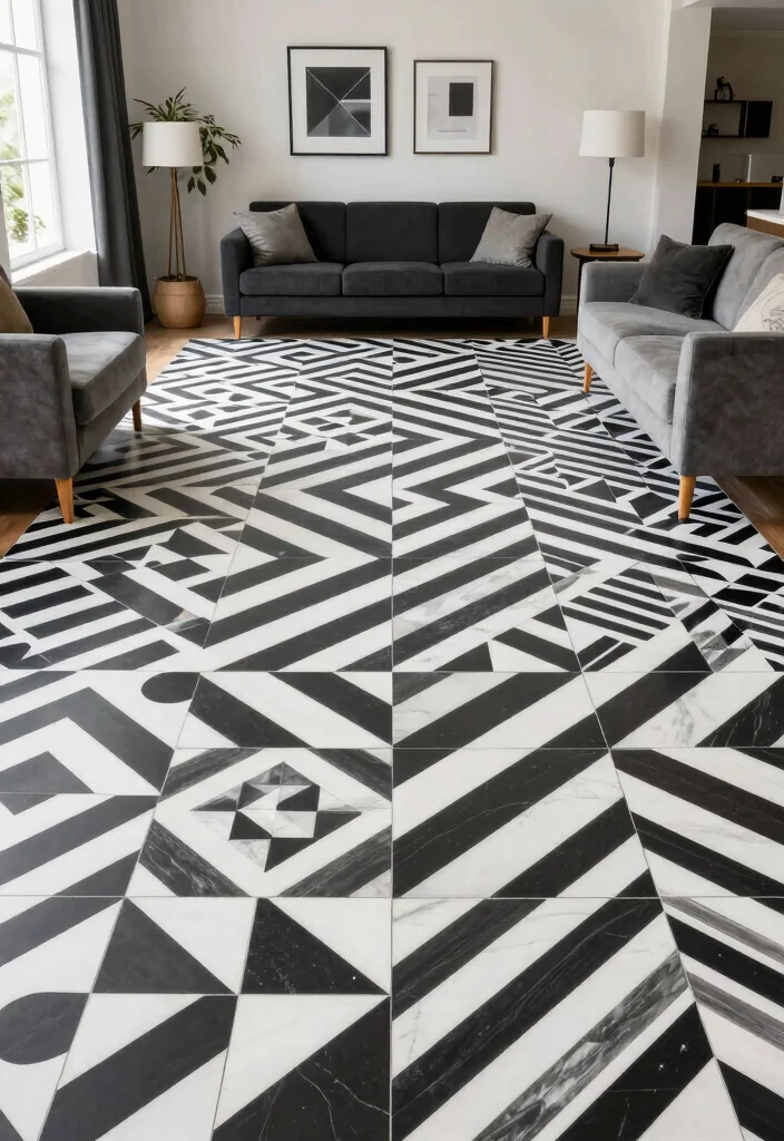 15 černobílých moderních podlahových designů s geometrickými opakujícími se vzory