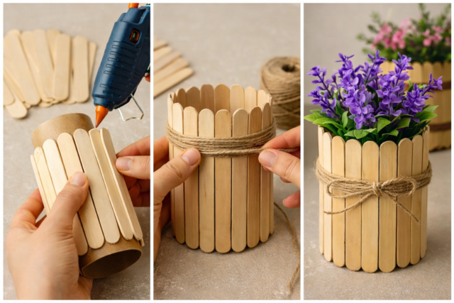 DIY květináč z ruličky a nanukových tyčinek: jednoduchá dekorace do bytu