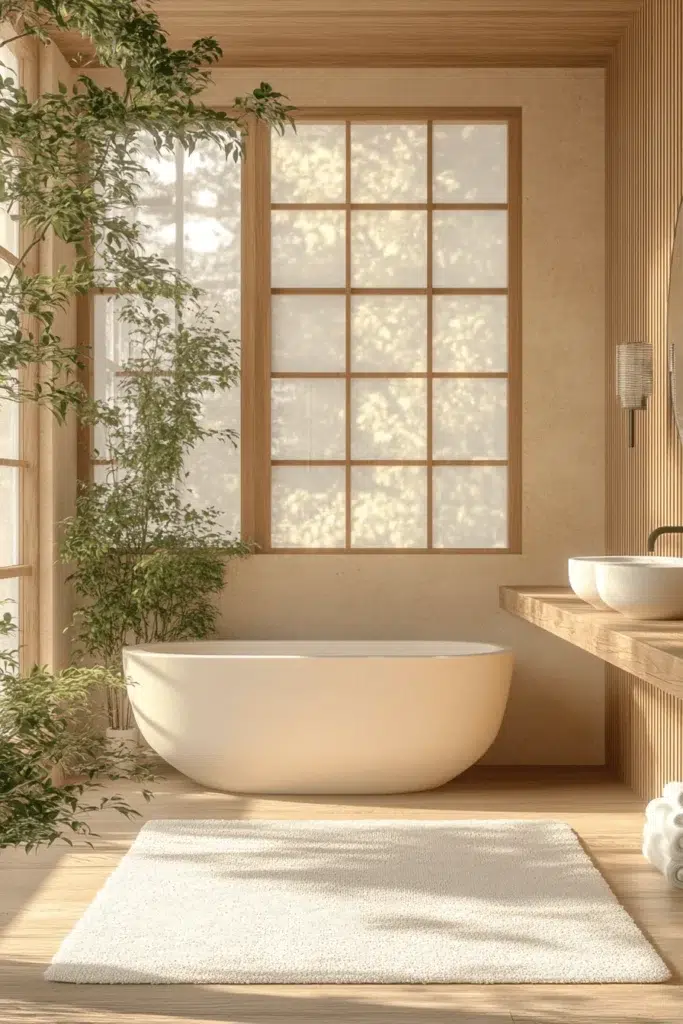 Inspirace pro koupelnu ve stylu Japandi: koupání jako zenový rituál
