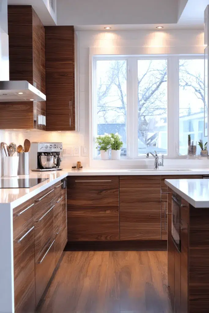 Elegantní inspirace pro kuchyňské skříňky z tmavého dřeva