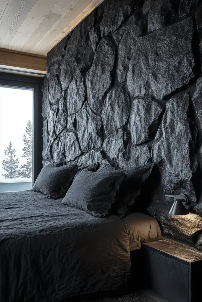 Ložnice s kamennou stěnou: inspirace pro klidný a elegantní interiér