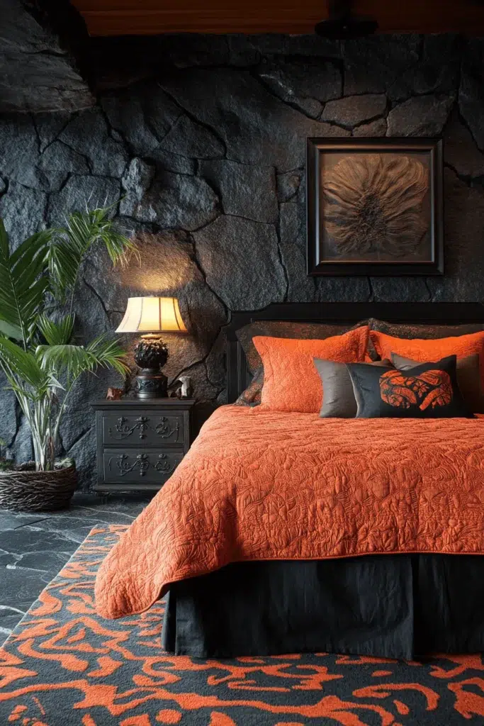Ložnice s kamennou stěnou: inspirace pro klidný a elegantní interiér
