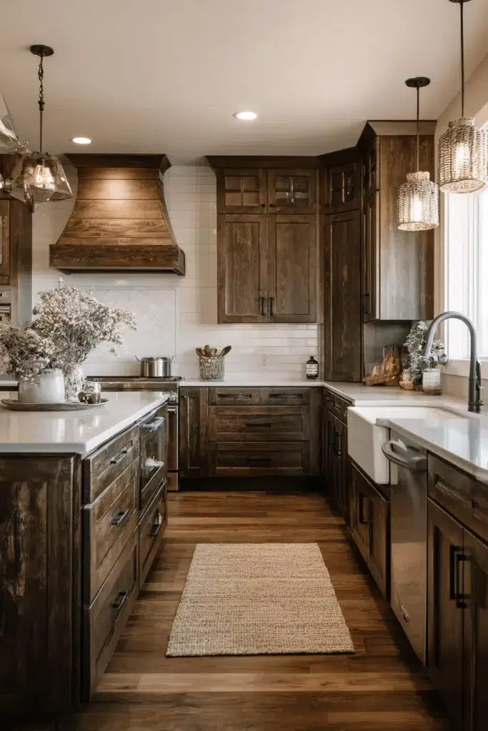 Elegantní inspirace pro kuchyňské skříňky z tmavého dřeva