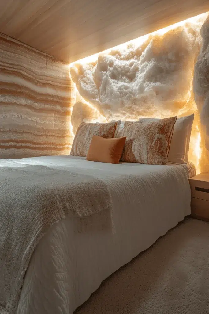 Ložnice s kamennou stěnou: inspirace pro klidný a elegantní interiér