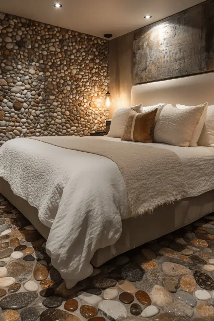 Ložnice s kamennou stěnou: inspirace pro klidný a elegantní interiér