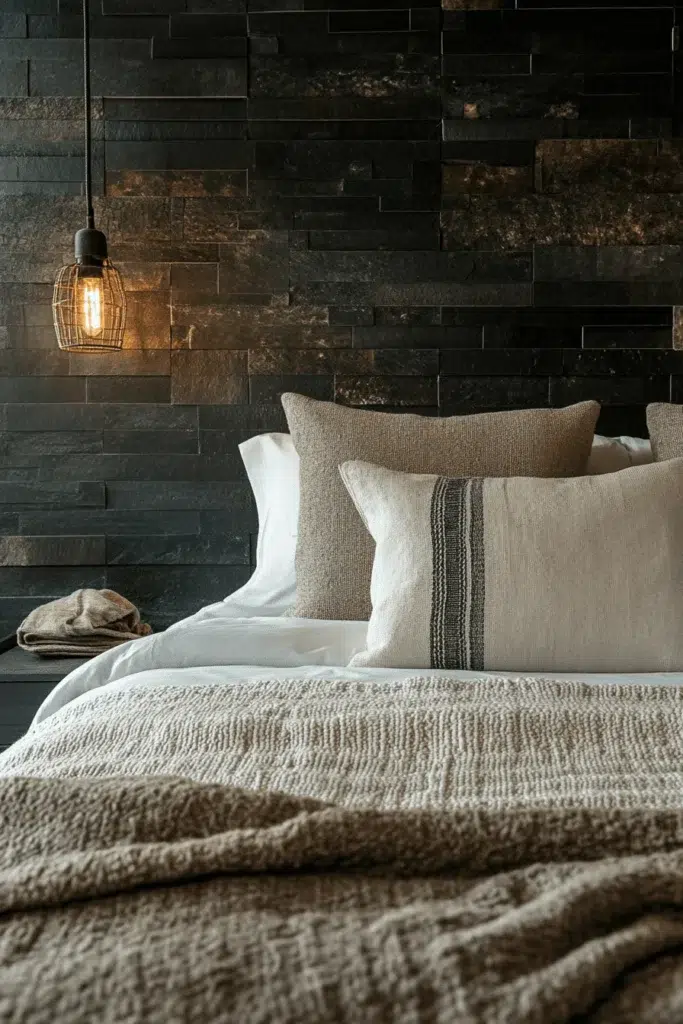 Ložnice s kamennou stěnou: inspirace pro klidný a elegantní interiér