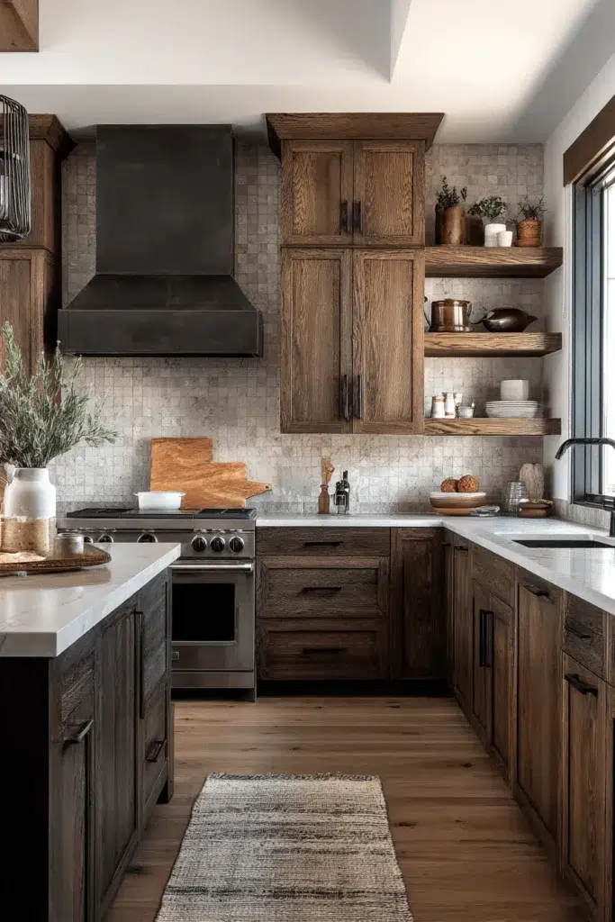 Elegantní inspirace pro kuchyňské skříňky z tmavého dřeva