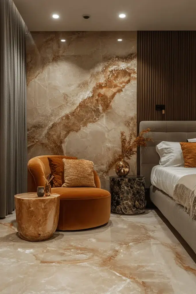 Ložnice s kamennou stěnou: inspirace pro klidný a elegantní interiér