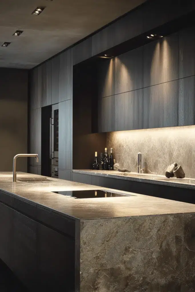 Elegantní inspirace pro kuchyňské skříňky z tmavého dřeva