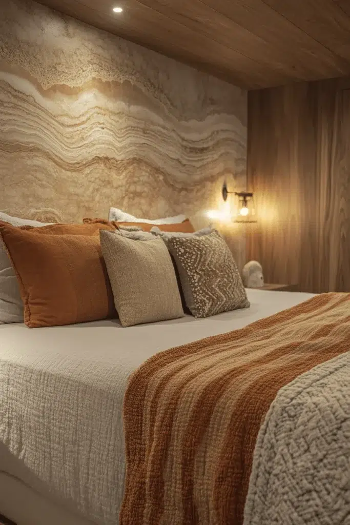 Ložnice s kamennou stěnou: inspirace pro klidný a elegantní interiér