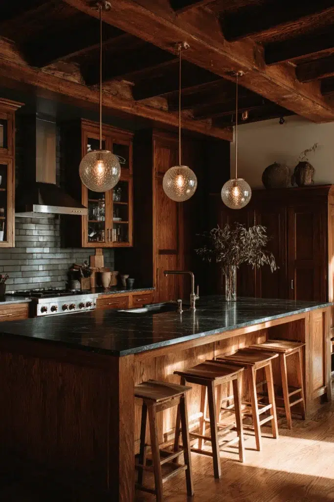 Elegantní inspirace pro kuchyňské skříňky z tmavého dřeva