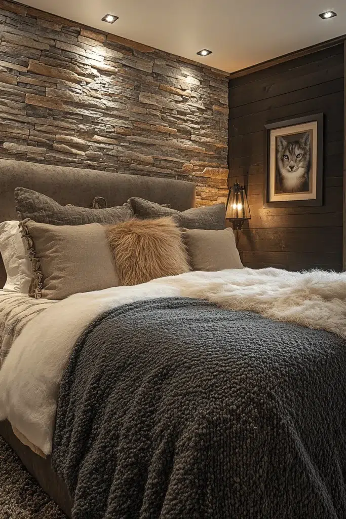 Ložnice s kamennou stěnou: inspirace pro klidný a elegantní interiér
