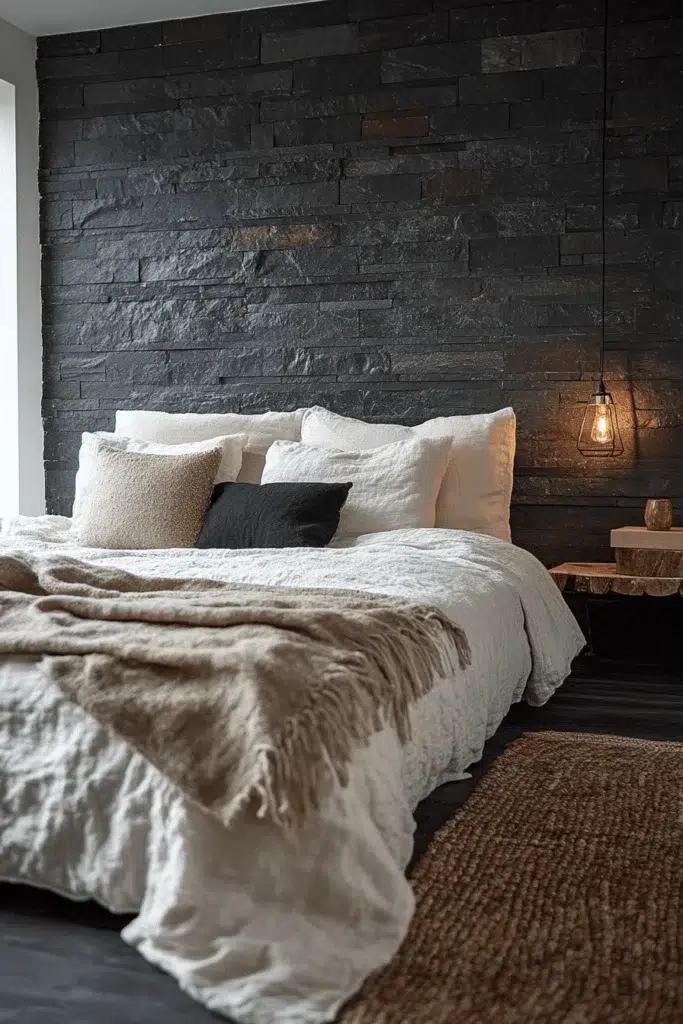 Ložnice s kamennou stěnou: inspirace pro klidný a elegantní interiér