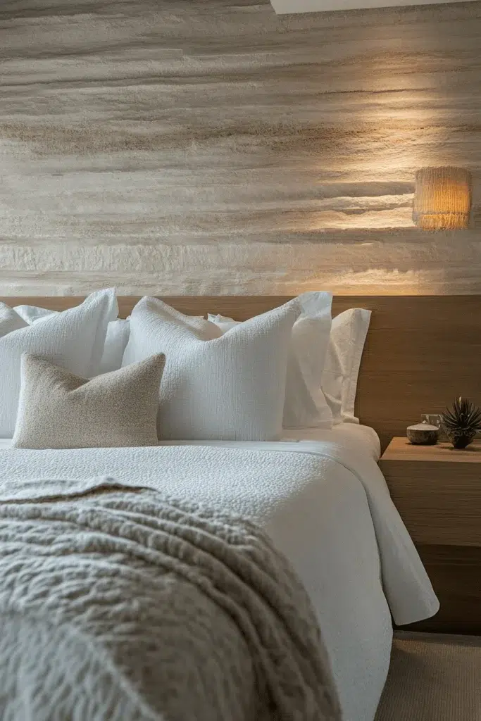 Ložnice s kamennou stěnou: inspirace pro klidný a elegantní interiér