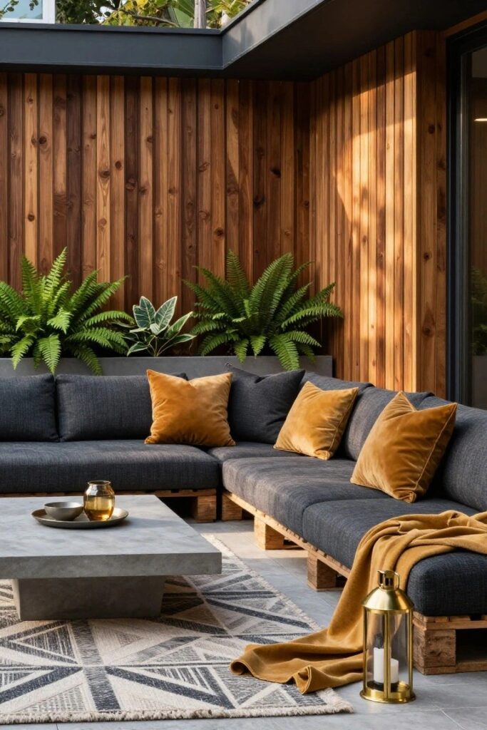 Moderní venkovní posezení z palet, které působí jako luxusní resort