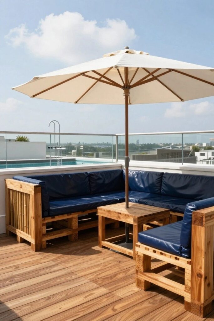 Moderní venkovní posezení z palet, které působí jako luxusní resort