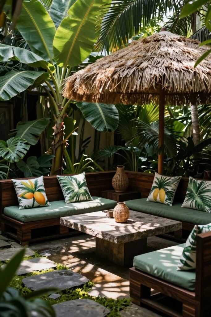 Moderní venkovní posezení z palet, které působí jako luxusní resort