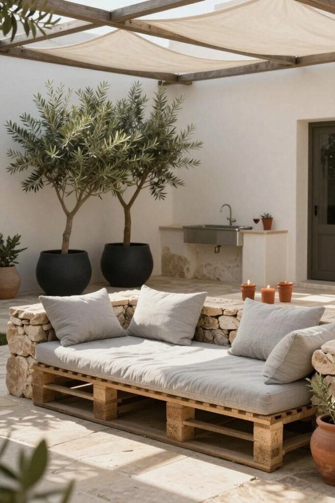 Moderní venkovní posezení z palet, které působí jako luxusní resort