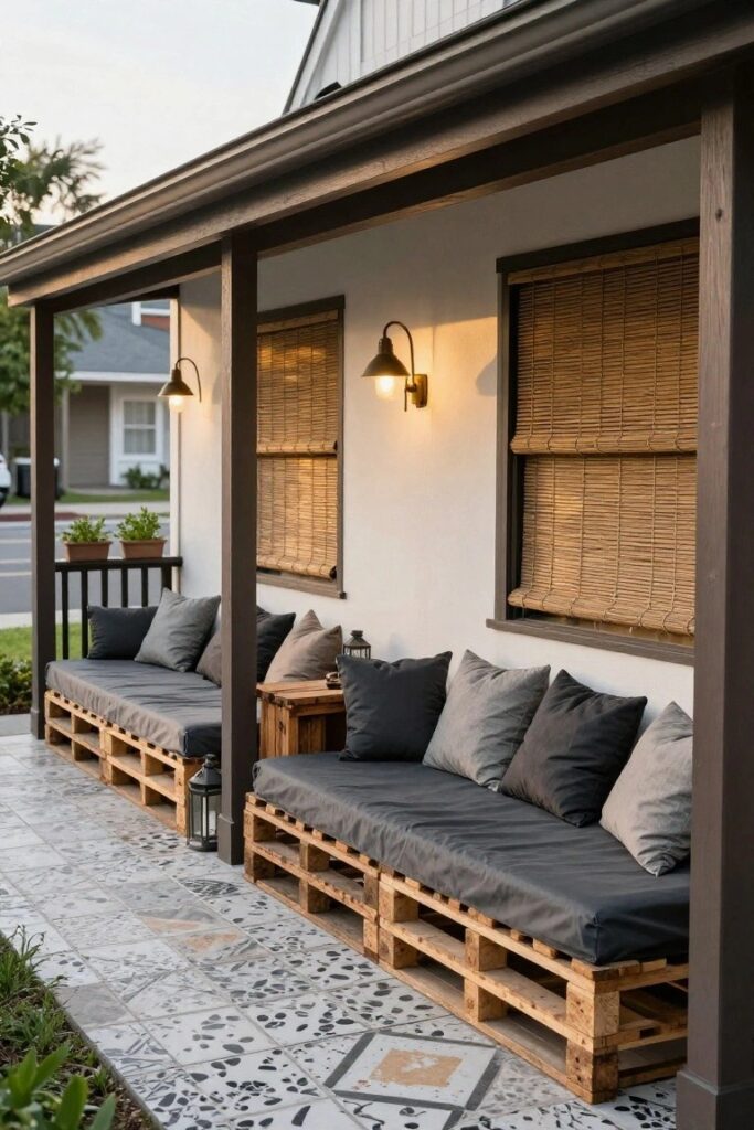 Moderní venkovní posezení z palet, které působí jako luxusní resort