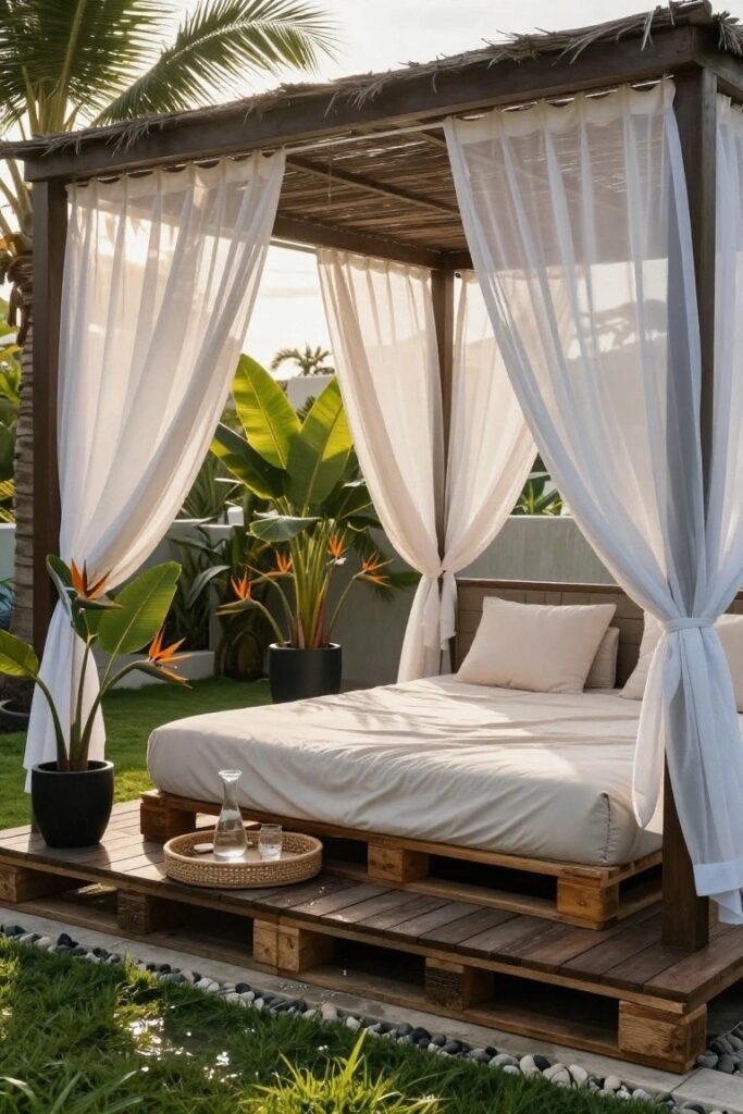 Moderní venkovní posezení z palet, které působí jako luxusní resort