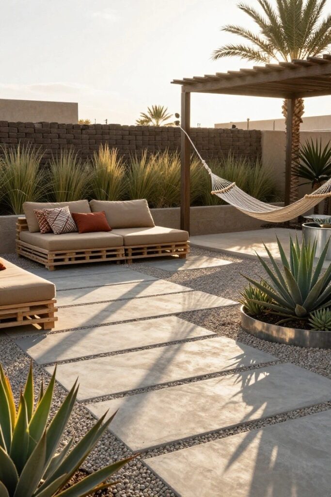 Moderní venkovní posezení z palet, které působí jako luxusní resort