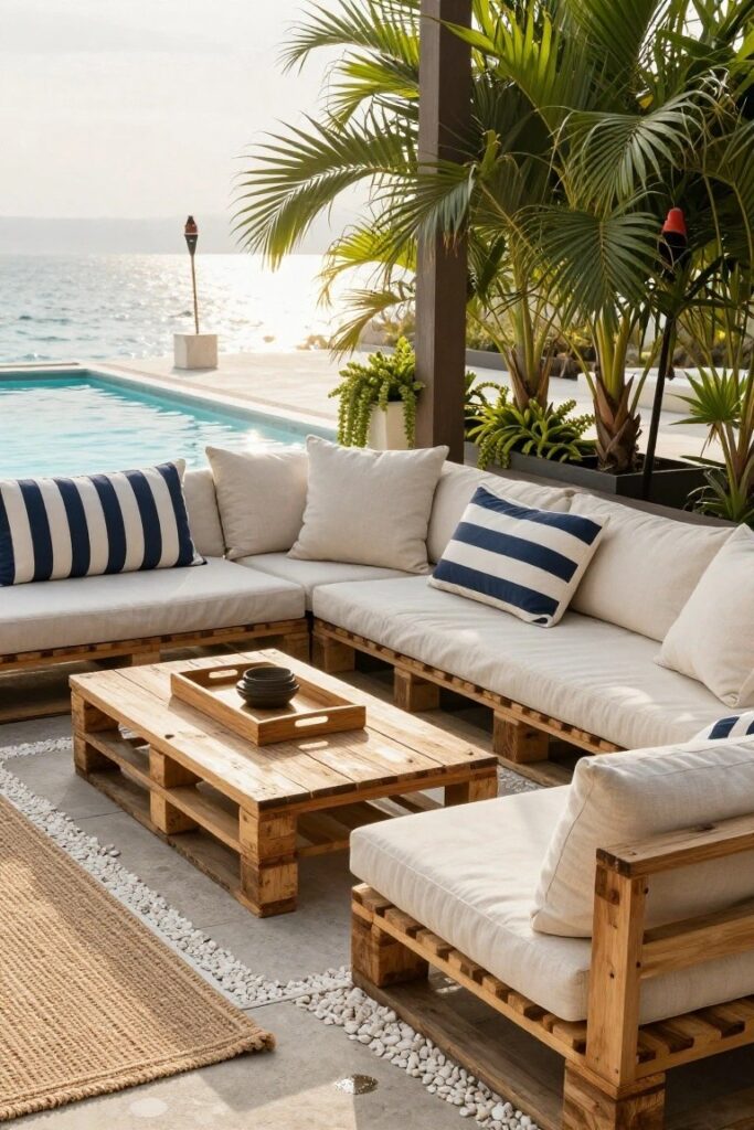Moderní venkovní posezení z palet, které působí jako luxusní resort