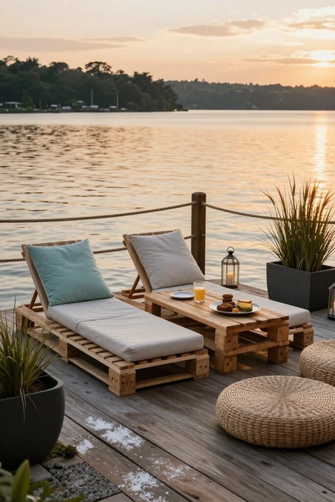 Moderní venkovní posezení z palet, které působí jako luxusní resort