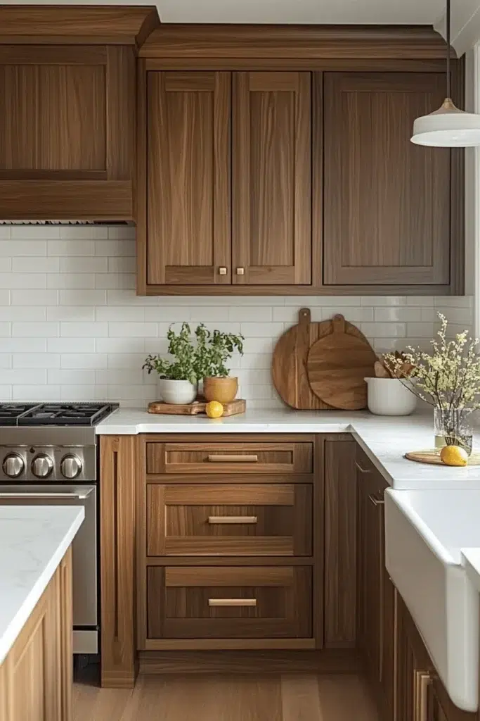 Ořechové kuchyňské skříňky plné elegance a přírodního šarmu
