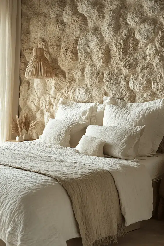 Ložnice s kamennou stěnou: inspirace pro klidný a elegantní interiér