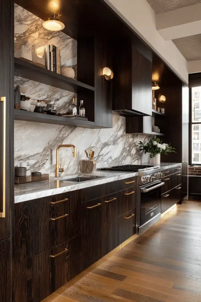 Elegantní inspirace pro kuchyňské skříňky z tmavého dřeva