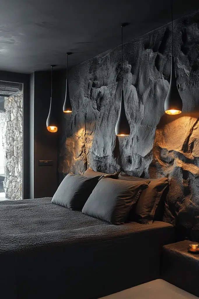Ložnice s kamennou stěnou: inspirace pro klidný a elegantní interiér