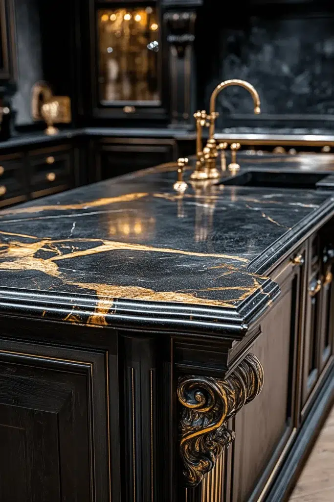 Černé mramorové pracovní desky, které dodají domovu luxus, eleganci a výrazný styl