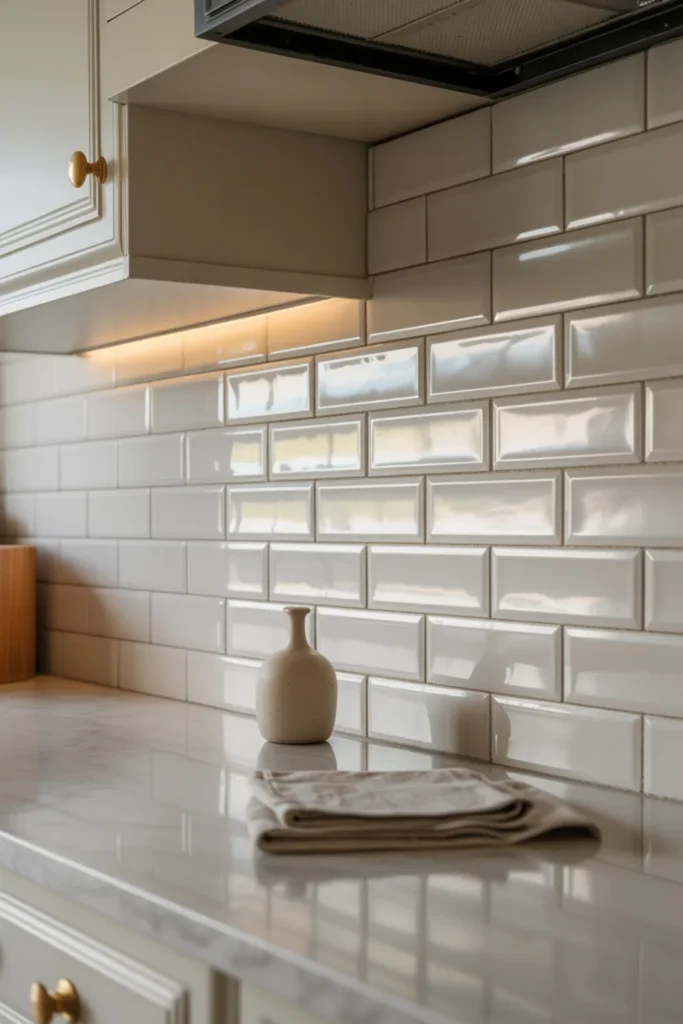 Svěží inspirace na bílý kuchyňský obklad, díky kterému bílé skříňky dokonale zazáří
