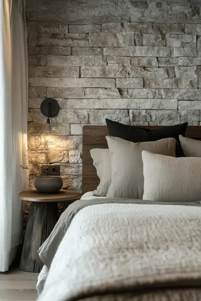 Ložnice s kamennou stěnou: inspirace pro klidný a elegantní interiér
