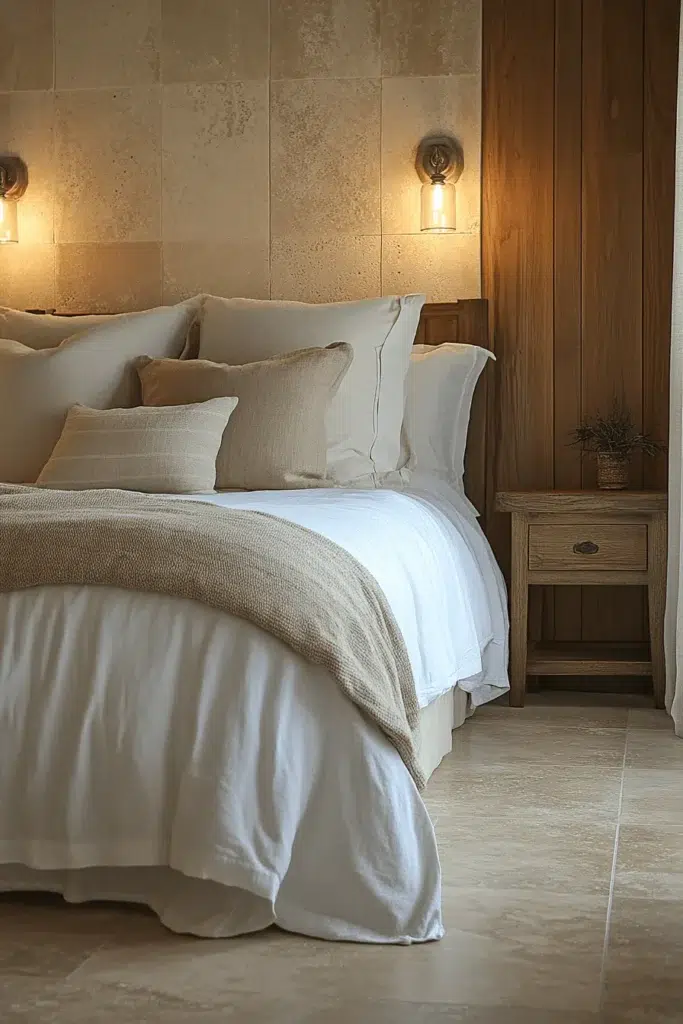 Ložnice s kamennou stěnou: inspirace pro klidný a elegantní interiér