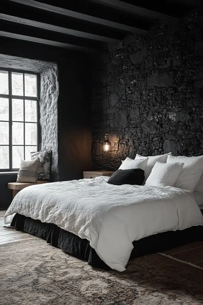 Ložnice s kamennou stěnou: inspirace pro klidný a elegantní interiér