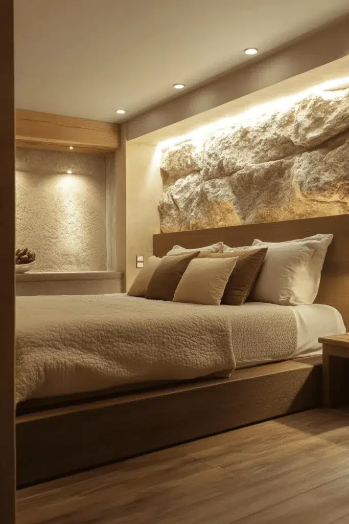 Ložnice s kamennou stěnou: inspirace pro klidný a elegantní interiér