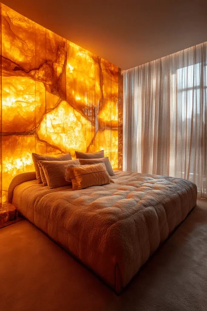 Ložnice s kamennou stěnou: inspirace pro klidný a elegantní interiér