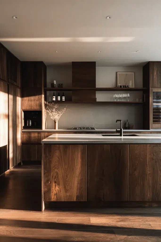 Elegantní inspirace pro kuchyňské skříňky z tmavého dřeva