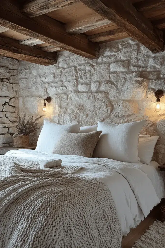 Ložnice s kamennou stěnou: inspirace pro klidný a elegantní interiér