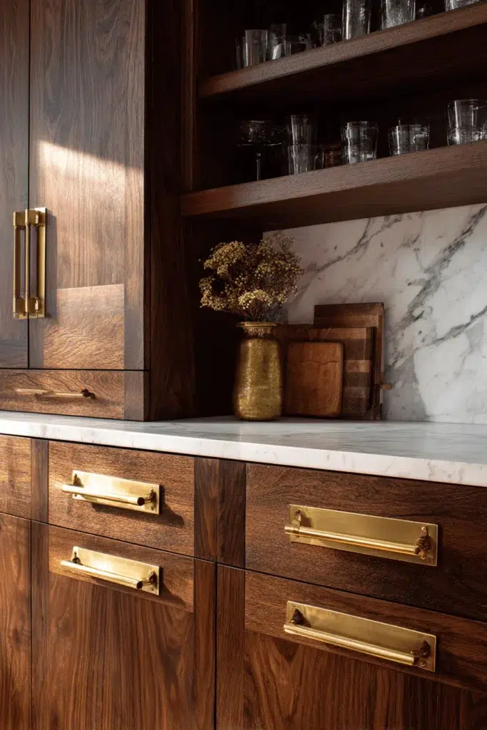 Elegantní inspirace pro kuchyňské skříňky z tmavého dřeva