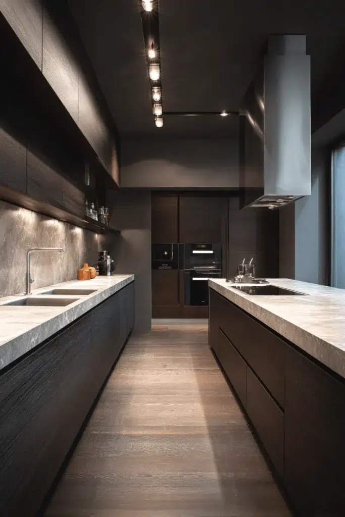 Elegantní inspirace pro kuchyňské skříňky z tmavého dřeva