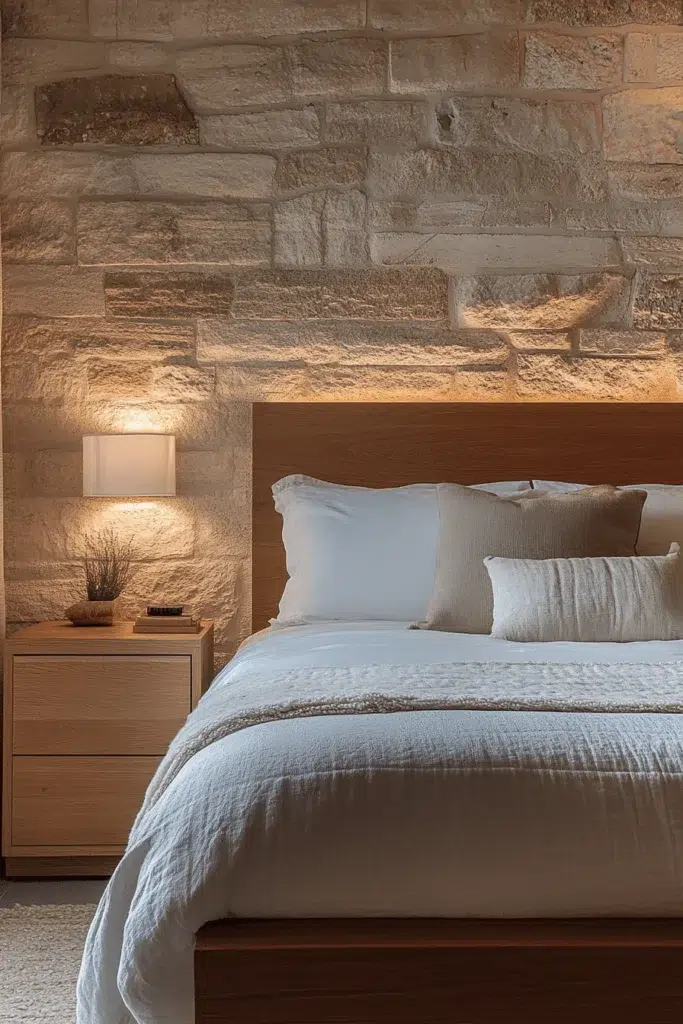 Ložnice s kamennou stěnou: inspirace pro klidný a elegantní interiér