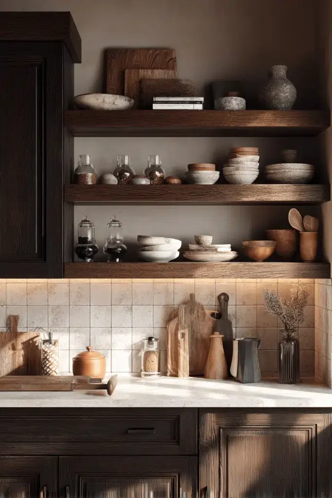 Elegantní inspirace pro kuchyňské skříňky z tmavého dřeva